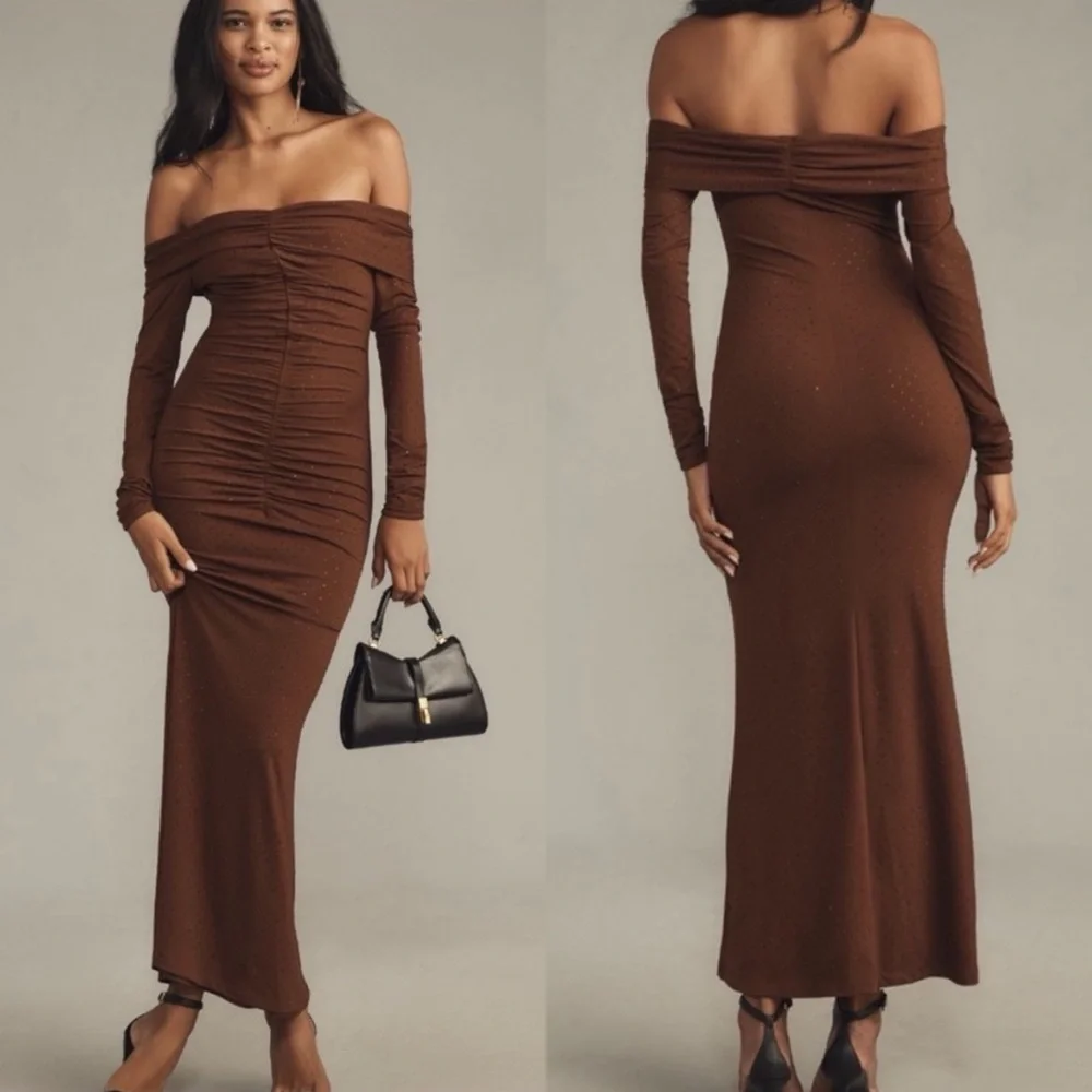 Anthro  Bardot Artura Diamante Fitted Off shoulder Ruched Maxi Dress Event Dates - Picture 15 of 15